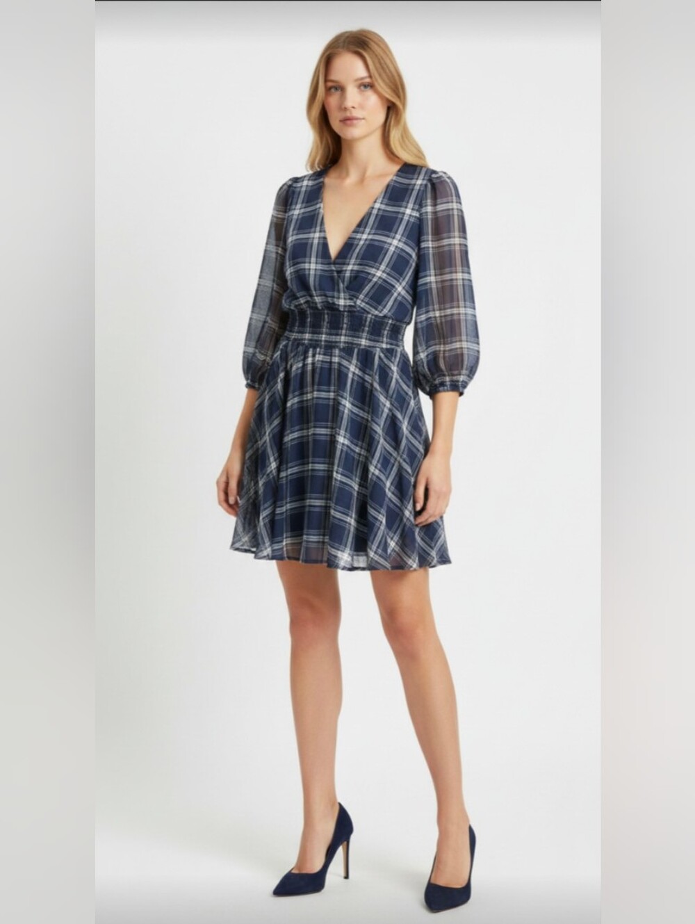 NWT! LULU'S! NAVY BLUE & WHITE PLAID CHIFFON POUF SLEEVE V-NECK DRESS! SZ XS
